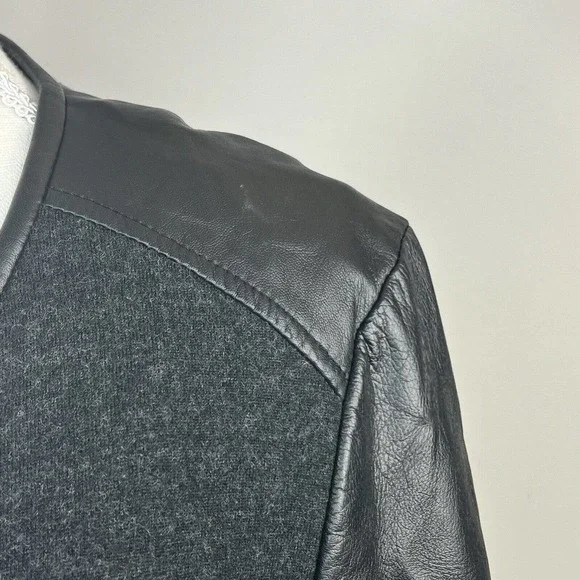 Eileen Fisher Black Leather Wool Zip Up Jacket Size M Moto